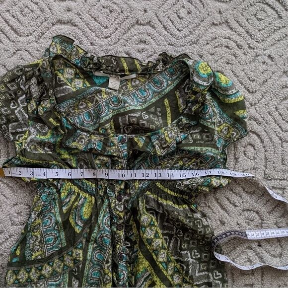 Ruffle cotton silk top abstract print green Large @K1 - Picture 10 of 13